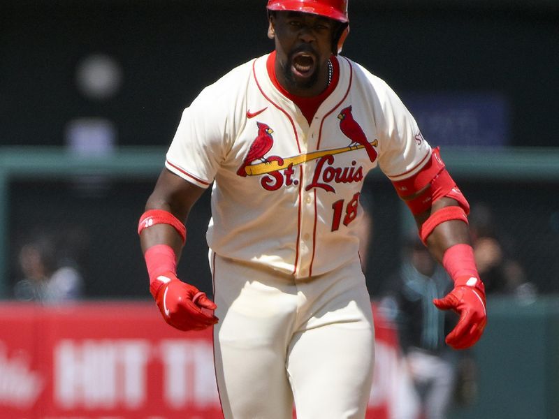 May 24, 2025; St. Louis, Missouri, USA;  St. Louis Cardinals right fielder Jordan Walker (18) reacts after hitting a two run double against the Arizona Diamondbacks during the seventh inning at Busch Stadium. Mandatory Credit: Jeff Curry-Imagn Images
