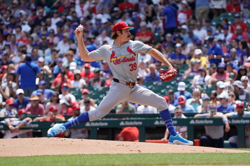 Jun 16, 2024; Chicago, Illinois, USA; St. Louis Cardinals pitcher Miles Mikolas (39) throws the ball against the Chicago Cubs during the first inning  at Wrigley Field. Mandatory Credit: David Banks-USA TODAY Sports