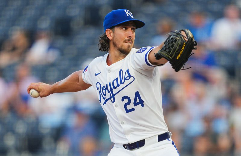 Aug 21, 2024; Kansas City, Missouri, USA; Kansas City Royals starting pitcher Michael Lorenzen (24) pitches during the first inning against the Los Angeles Angels at Kauffman Stadium. Mandatory Credit: Jay Biggerstaff-USA TODAY Sports