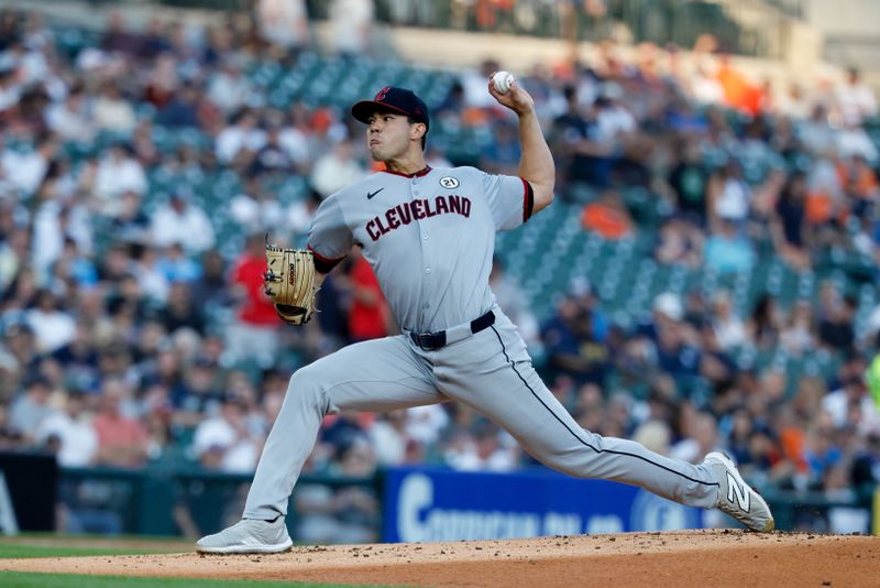 Sep 16, 2025; Detroit, Michigan, USA;  Cleveland Guardians pitcher Joey Cantillo (54) pitches in the first inning against the Detroit Tigers at Comerica Park. Mandatory Credit: Rick Osentoski-Imagn Images