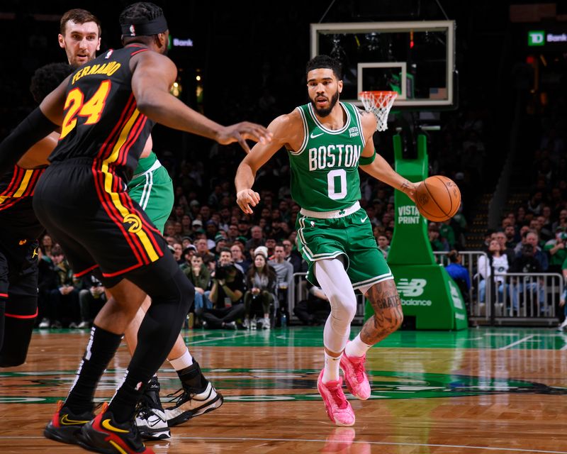 BOSTON, MA - FEBRUARY 7: Jayson Tatum #0 of the Boston Celtics dribbles the ball during the game against the Atlanta Hawks on February 7, 2024 at the TD Garden in Boston, Massachusetts. NOTE TO USER: User expressly acknowledges and agrees that, by downloading and or using this photograph, User is consenting to the terms and conditions of the Getty Images License Agreement. Mandatory Copyright Notice: Copyright 2024 NBAE  (Photo by Brian Babineau/NBAE via Getty Images)