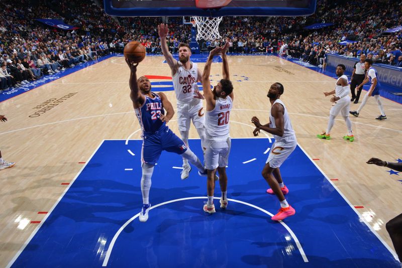 PHILADELPHIA, PA - NOVEMBER 13: Eric Gordon #23 of the Philadelphia 76ers drives to the basket during the game against the Cleveland Cavaliers on November 13, 2024 at the Wells Fargo Center in Philadelphia, Pennsylvania NOTE TO USER: User expressly acknowledges and agrees that, by downloading and/or using this Photograph, user is consenting to the terms and conditions of the Getty Images License Agreement. Mandatory Copyright Notice: Copyright 2024 NBAE (Photo by Jesse D. Garrabrant/NBAE via Getty Images)