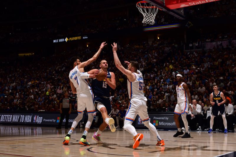 DENVER, CO - MAY 11: Nikola Jokic #15 of the Denver Nuggets drives to the basket during the game against the Oklahoma City Thunder during Round 2 Game 4 of the 2025 NBA Playoffs on May 11, 2025 at Ball Arena in Denver, Colorado. NOTE TO USER: User expressly acknowledges and agrees that, by downloading and/or using this Photograph, user is consenting to the terms and conditions of the Getty Images License Agreement. Mandatory Copyright Notice: Copyright 2025 NBAE(Photo by Garrett Ellwood/NBAE via Getty Images)