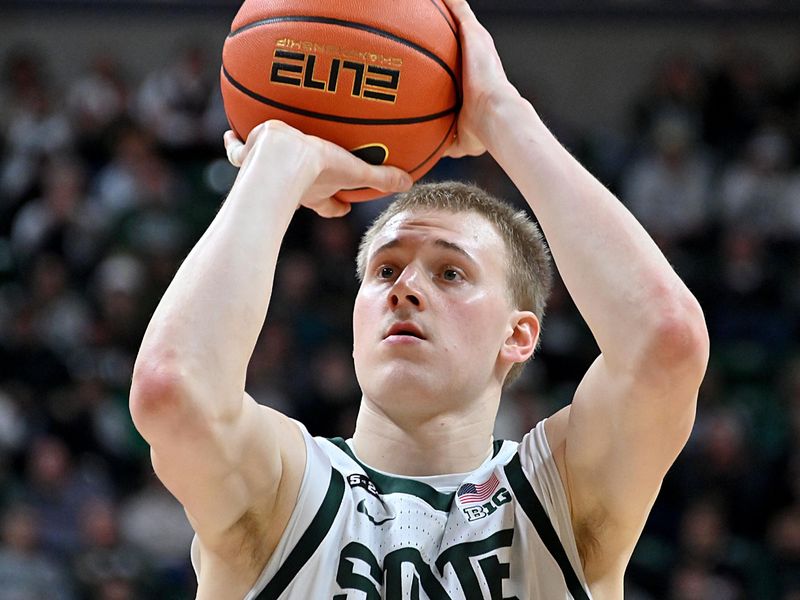 Feb 7, 2023; East Lansing, Michigan, USA;  Michigan State Spartans forward Joey Hauser (10) lead all scorers with 20 points against the Maryland Terrapins at Jack Breslin Student Events Center. Mandatory Credit: Dale Young-USA TODAY Sports