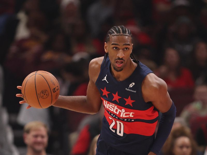 CHICAGO, ILLINOIS - JANUARY 10: Alexandre Sarr #20 of the Washington Wizards dribbles up the court against the Chicago Bulls during the first half at the United Center on January 10, 2025 in Chicago, Illinois. NOTE TO USER: User expressly acknowledges and agrees that, by downloading and or using this photograph, User is consenting to the terms and conditions of the Getty Images License Agreement.  (Photo by Michael Reaves/Getty Images)