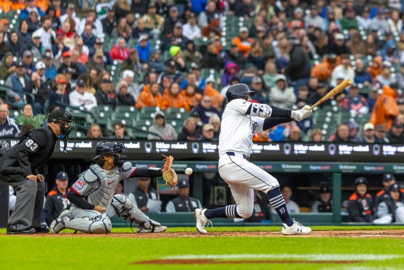 May 22, 2025; Detroit, Michigan, USA; Detroit Tigers outfielder Kerry Carpenter (30) strike out to end the first inning against the Cleveland Guardians at Comerica Park. Mandatory Credit: David Reginek-Imagn Images