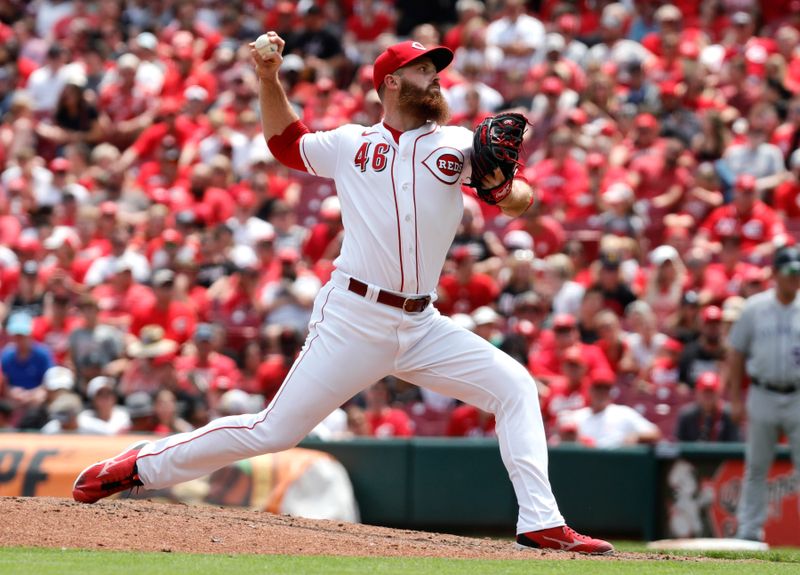 Jun 21, 2023; Cincinnati, Ohio, USA; Cincinnati Reds relief pitcher Buck Farmer (46) throws against the Colorado Rockies during the ninth inning at Great American Ball Park. Mandatory Credit: David Kohl-USA TODAY Sports