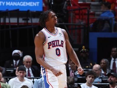 MIAMI, FL - DECEMBER 25:  Tyrese Maxey #0 of the Philadelphia 76ers celebrates during the game against the Miami Heat on December 25, 2023 at Kaseya Center in Miami, Florida. NOTE TO USER: User expressly acknowledges and agrees that, by downloading and or using this Photograph, user is consenting to the terms and conditions of the Getty Images License Agreement. Mandatory Copyright Notice: Copyright 2023 NBAE (Photo by David Sherman/NBAE via Getty Images)
