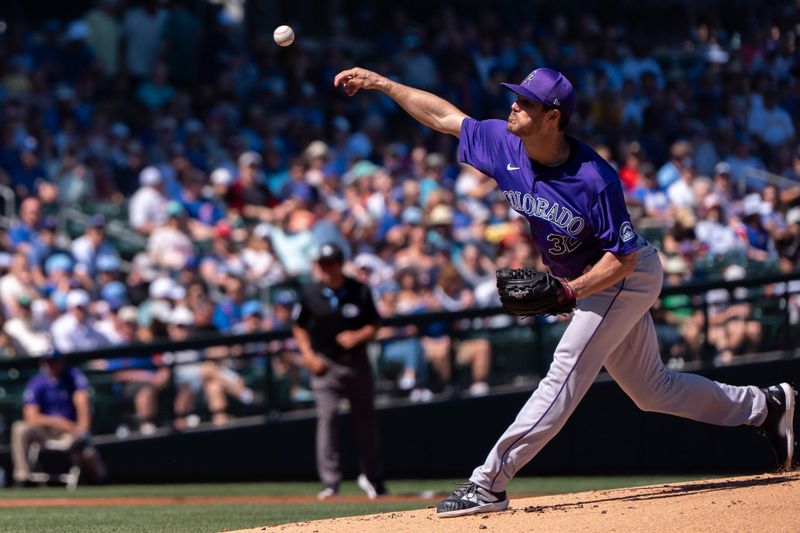 Mar 9, 2024; Mesa, Arizona, USA; Colorado Rockies starting pitcher Dakota Hudson (32) throws against the Chicago Cubs in the first inning of a spring training game at Sloan Park. Mandatory Credit: Allan Henry-USA TODAY Sports