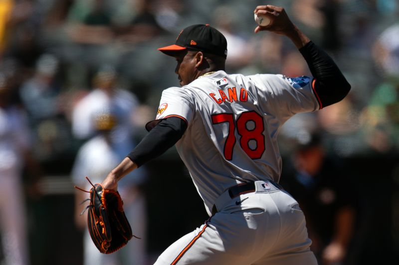Jul 7, 2024; Oakland, California, USA; Baltimore Orioles pitcher Yennier Cano (78) delivers a pitch against the Oakland Athletics during the eighth inning at Oakland-Alameda County Coliseum. Mandatory Credit: D. Ross Cameron-USA TODAY Sports