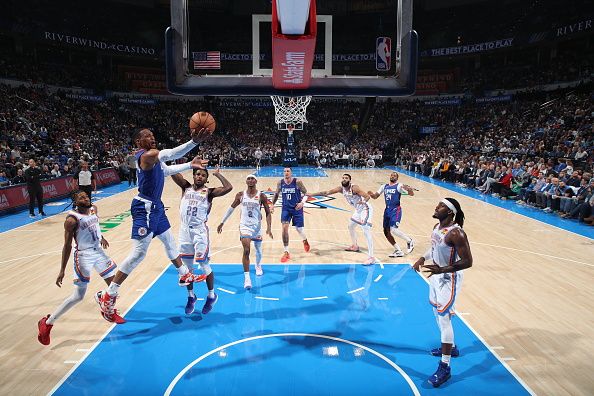 OKLAHOMA CITY, OK - DECEMBER 21: Russell Westbrook #0 of the LA Clippers shoots the ball during the game against the Oklahoma City Thunder on December 21, 2023 at Paycom Arena in Oklahoma City, Oklahoma. NOTE TO USER: User expressly acknowledges and agrees that, by downloading and or using this photograph, User is consenting to the terms and conditions of the Getty Images License Agreement. Mandatory Copyright Notice: Copyright 2023 NBAE (Photo by Zach Beeker/NBAE via Getty Images)