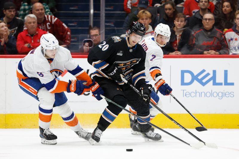 Nov 29, 2024; Washington, District of Columbia, USA; Washington Capitals center Lars Eller (20), New York Islanders defenseman Noah Dobson (8), and Islanders right wing Maxim Tsyplakov (7) battle for the puck  in the first period at Capital One Arena. Mandatory Credit: Geoff Burke-Imagn Images