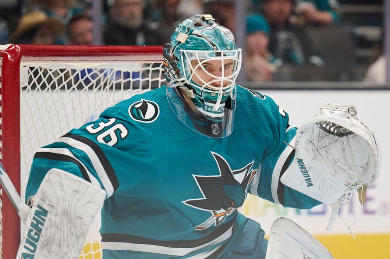 Jan 27, 2024; San Jose, California, USA; San Jose Sharks goaltender Kaapo Kahkonen (36) defends the goal against the Buffalo Sabres during the third period at SAP Center at San Jose. Mandatory Credit: Robert Edwards-USA TODAY Sports