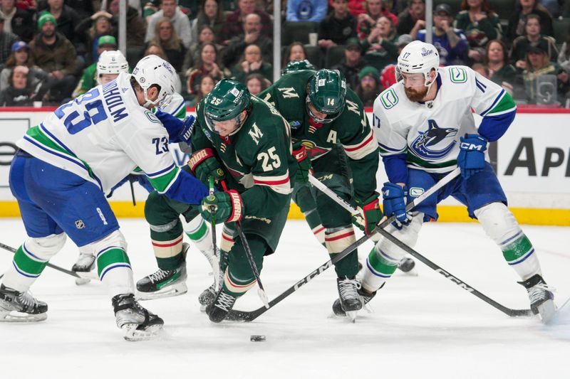 Feb 19, 2024; Saint Paul, Minnesota, USA; Vancouver Canucks center Elias Lindholm (23) checks Minnesota Wild defenseman Jonas Brodin (25) in the third period at Xcel Energy Center. Mandatory Credit: Matt Blewett-USA TODAY Sports