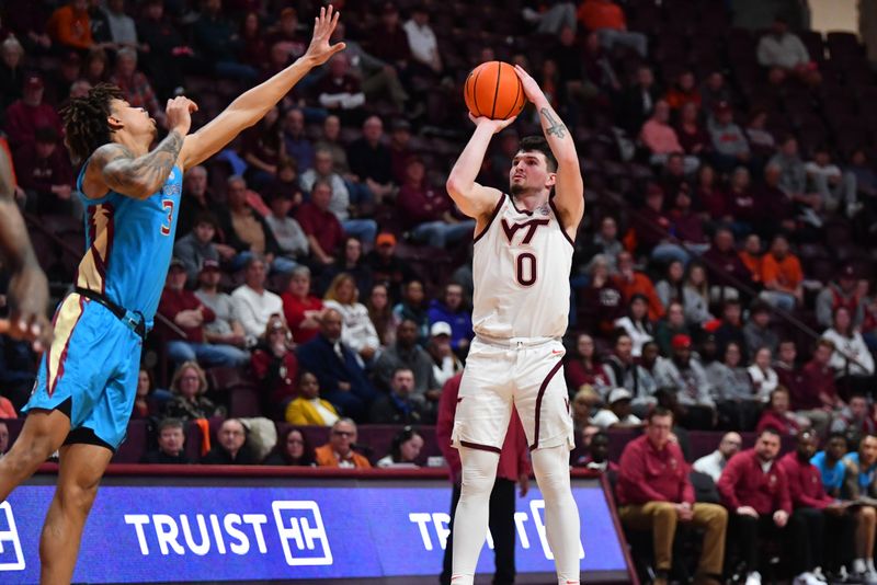 Feb 13, 2024; Blacksburg, Virginia, USA;Virginia Tech Hokies guard Hunter Cattoor (0) shoots a shot over Florida State Seminoles forward Cam Corhen (3) during the second half  at Cassell Coliseum. Mandatory Credit: Brian Bishop-USA TODAY Sports