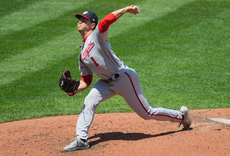 May 28, 2023; Kansas City, Missouri, USA; Washington Nationals starting pitcher MacKenzie Gore (1) pitches during the third inning against the Kansas City Royals at Kauffman Stadium. Mandatory Credit: Jay Biggerstaff-USA TODAY Sports