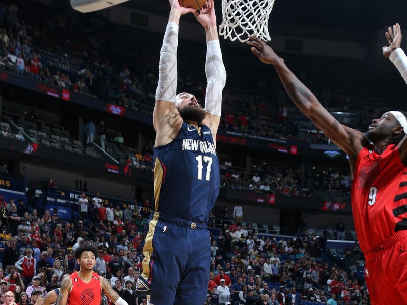 NEW ORLEANS, LA - MARCH 12: Jonas Valanciunas #17 of the New Orleans Pelicans drives to the basket during the game against the Portland Trail Blazers on March 12, 2023 at the Smoothie King Center in New Orleans, Louisiana. NOTE TO USER: User expressly acknowledges and agrees that, by downloading and or using this Photograph, user is consenting to the terms and conditions of the Getty Images License Agreement. Mandatory Copyright Notice: Copyright 2023 NBAE (Photo by Jonathan Bachman/NBAE via Getty Images)