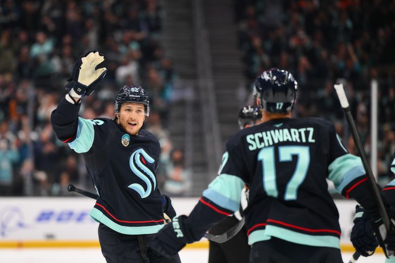 Oct 17, 2024; Seattle, Washington, USA; Seattle Kraken defenseman Brandon Montour (62) celebrates after scoring a goal against the Philadelphia Flyers during the first period at Climate Pledge Arena. Mandatory Credit: Steven Bisig-Imagn Images