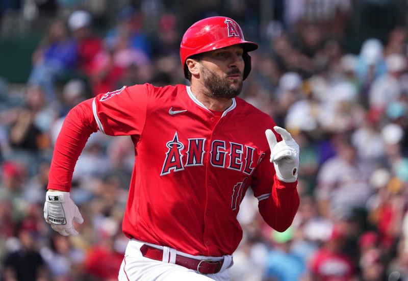 Mar 3, 2024; Tempe, Arizona, USA; Los Angeles Angels designated hitter Jake Marisnick (10) runs to first base against the Chicago White Sox during the second inning at Tempe Diablo Stadium. Mandatory Credit: Joe Camporeale-USA TODAY Sports