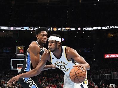 ATLANTA, GA - NOVEMBER 21: Myles Turner #33 of the Indiana Pacers goes to the basket during the game during the in Season Tournament on November 21, 2023 at State Farm Arena in Atlanta, Georgia.  NOTE TO USER: User expressly acknowledges and agrees that, by downloading and/or using this Photograph, user is consenting to the terms and conditions of the Getty Images License Agreement. Mandatory Copyright Notice: Copyright 2023 NBAE (Photo by Scott Cunningham/NBAE via Getty Images)