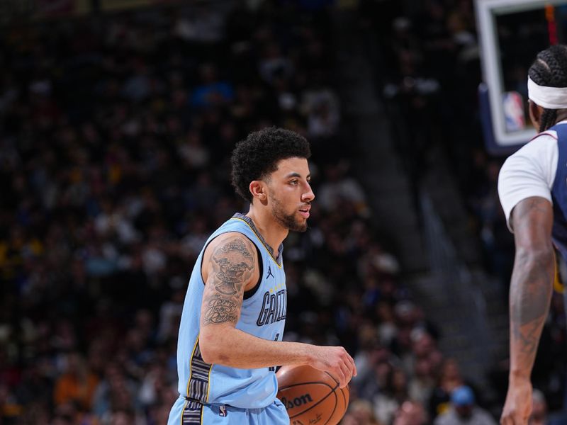 DENVER, CO - MARCH 25: Scotty Pippen Jr. #1 of the Memphis Grizzlies handles the ball during the game against the Denver Nuggets on March 25, 2024 at the Ball Arena in Denver, Colorado. NOTE TO USER: User expressly acknowledges and agrees that, by downloading and/or using this Photograph, user is consenting to the terms and conditions of the Getty Images License Agreement. Mandatory Copyright Notice: Copyright 2024 NBAE (Photo by Bart Young/NBAE via Getty Images)