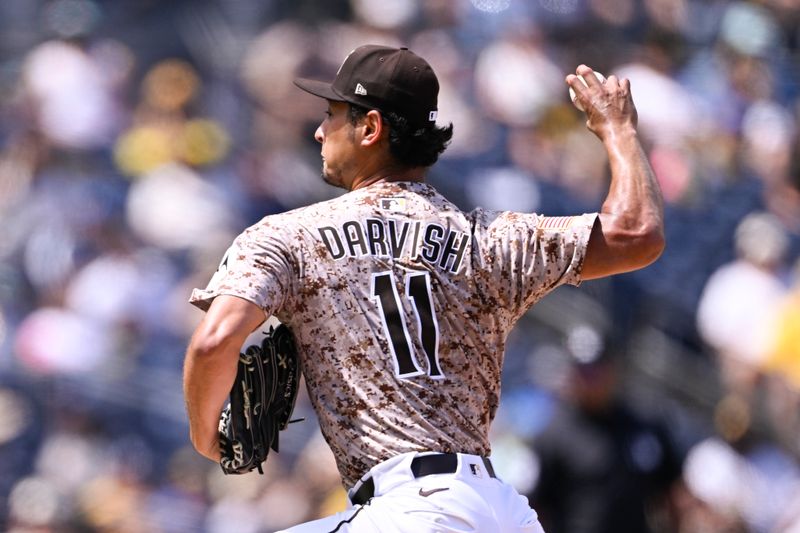 Sep 14, 2025; San Diego, California, USA; San Diego Padres starting pitcher Yu Darvish (11) delivers during the first inning against the Colorado Rockies at Petco Park. Mandatory Credit: Denis Poroy-Imagn Images