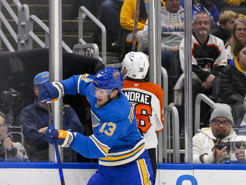 Nov 30, 2024; St. Louis, Missouri, USA;  St. Louis Blues right wing Alexey Toropchenko (13) checks Philadelphia Flyers defenseman Emil Andrae (36) during the second period at Enterprise Center. Mandatory Credit: Jeff Curry-Imagn Images