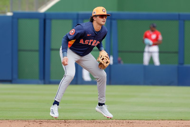 Feb 26, 2025; West Palm Beach, Florida, USA; Houston Astros infielder Chase Jaworsky waits for the pitch during the seventh inning against the Washington Nationals at CACTI Park of the Palm Beaches. Mandatory Credit: Reinhold Matay-Imagn Images