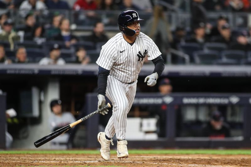 May 2, 2023; Bronx, New York, USA;  New York Yankees designated hitter Willie Calhoun (24) hits a home run in the seventh inning against the Cleveland Guardians at Yankee Stadium. Mandatory Credit: Wendell Cruz-USA TODAY Sports