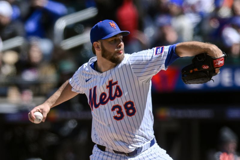 Apr 9, 2025; New York City, New York, USA; New York Mets pitcher Tylor Megill (38) pitches against the Miami Marlins during the fourth inning at Citi Field. Mandatory Credit: John Jones-Imagn Images