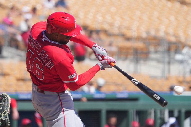 Mar 11, 2026; Phoenix, Arizona, USA; Los Angeles Angels designated hitter Jeimer Candelario (46) bats against the Chicago White Sox during the third inning at Camelback Ranch-Glendale. Mandatory Credit: Joe Camporeale-Imagn Images