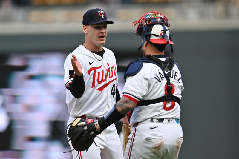 May 4, 2024; Minneapolis, Minnesota, USA; Minnesota Twins pitcher Cole Sands (44) and catcher Christian Vázquez (8) react after the game at Target Field against the Boston Red Sox to extend the Twins winning streak to twelve games. Mandatory Credit: Jeffrey Becker-USA TODAY Sports