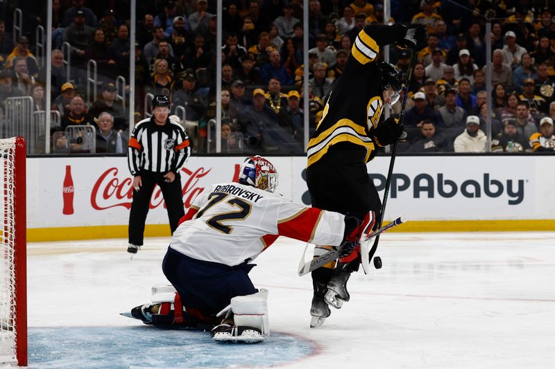 Oct 21, 2025; Boston, Massachusetts, USA; Florida Panthers goaltender Sergei Bobrovsky (72) makes a blocker save while being screened by Boston Bruins center Pavel Zacha (18) during the third period at TD Garden. Mandatory Credit: Winslow Townson-Imagn Images