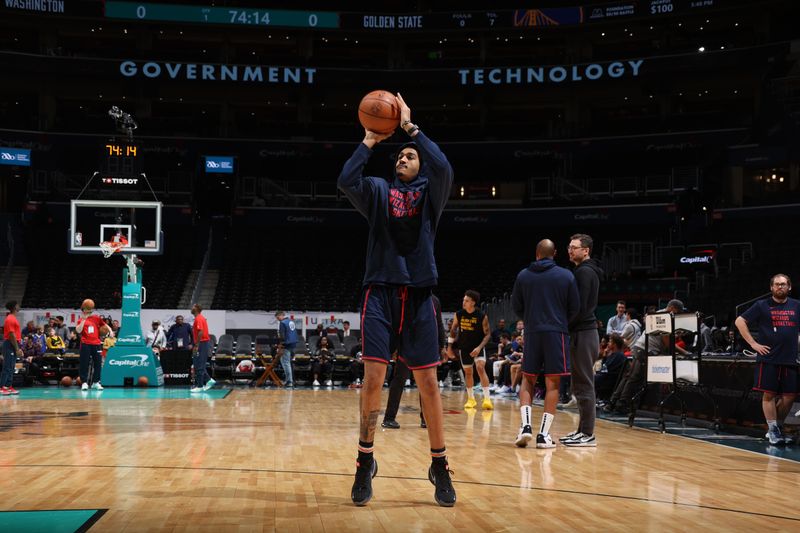 WASHINGTON, DC -? FEBRUARY 27: Jordan Poole #13 of the Washington Wizards warms up before the game against the Golden State Warriors on February 27, 2024 at Capital One Arena in Washington, DC. NOTE TO USER: User expressly acknowledges and agrees that, by downloading and or using this Photograph, user is consenting to the terms and conditions of the Getty Images License Agreement. Mandatory Copyright Notice: Copyright 2024 NBAE (Photo by Stephen Gosling/NBAE via Getty Images)