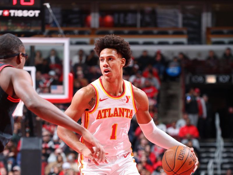 CHICAGO, IL - NOVEMBER 22: Jalen Johnson #1 of the Atlanta Hawks looks on during the game against the Chicago Bulls during the Emirates NBA Cup game on November 22, 2024 at United Center in Chicago, Illinois. NOTE TO USER: User expressly acknowledges and agrees that, by downloading and or using this photograph, User is consenting to the terms and conditions of the Getty Images License Agreement. Mandatory Copyright Notice: Copyright 2024 NBAE (Photo by Jeff Haynes/NBAE via Getty Images)