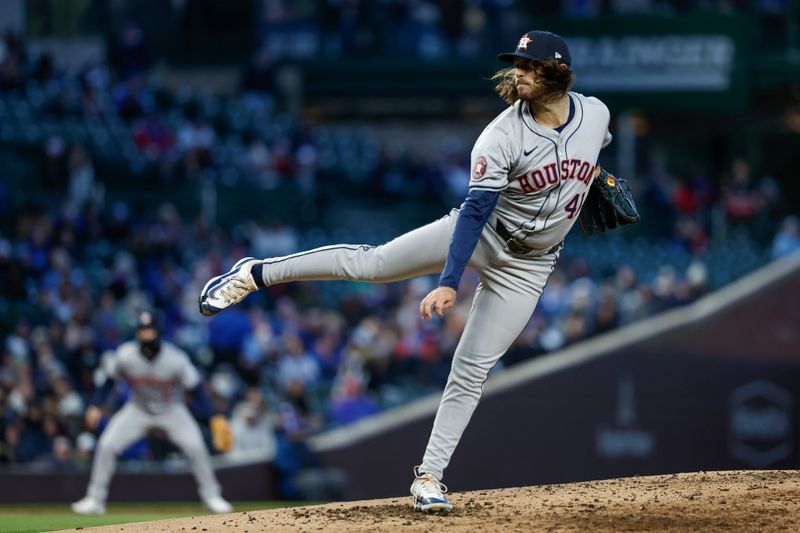 Apr 24, 2024; Chicago, Illinois, USA; Houston Astros starting pitcher Spencer Arrighetti (41) delivers a pitch against the Chicago Cubs during the third inning at Wrigley Field. Mandatory Credit: Kamil Krzaczynski-USA TODAY Sports
