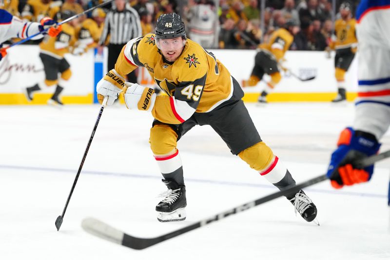 Feb 6, 2024; Las Vegas, Nevada, USA; Vegas Golden Knights center Ivan Barbashev (49) skates against the Edmonton Oilers during the third period at T-Mobile Arena. Mandatory Credit: Stephen R. Sylvanie-USA TODAY Sports