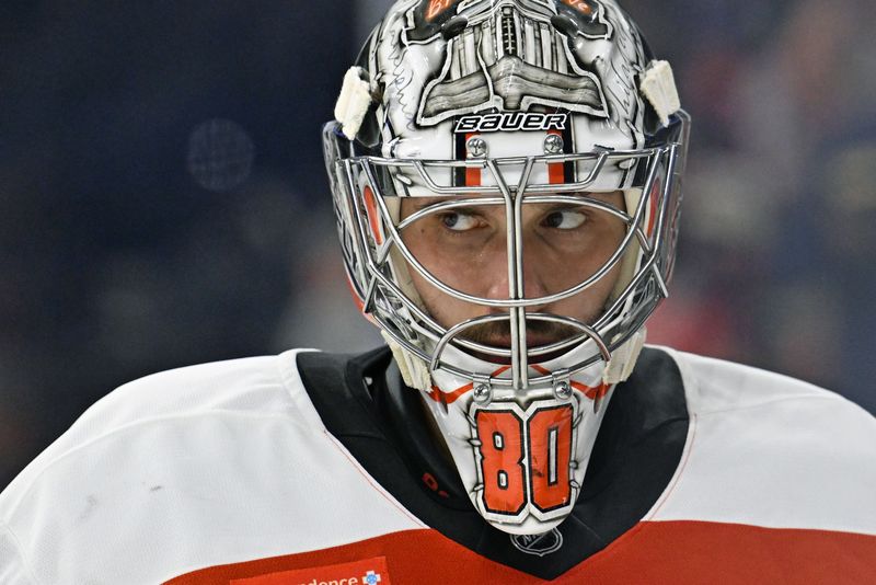 Oct 18, 2025; Philadelphia, Pennsylvania, USA; Philadelphia Flyers goaltender Dan Vladar (80) against the Minnesota Wild during the second period at Wells Fargo Center. Mandatory Credit: Eric Hartline-Imagn Images