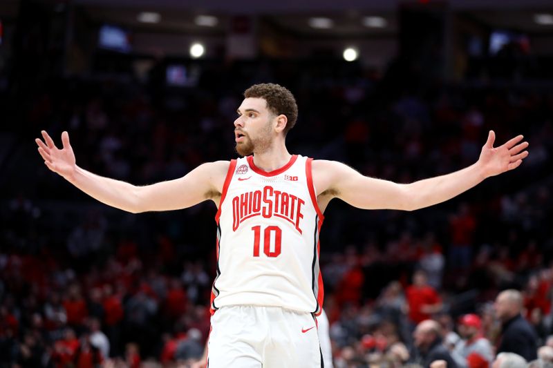 Feb 29, 2024; Columbus, Ohio, USA;  Ohio State Buckeyes forward Jamison Battle (10) celebrates during the second half against the Nebraska Cornhuskers at Value City Arena. Mandatory Credit: Joseph Maiorana-USA TODAY Sports