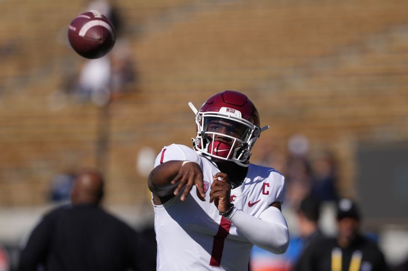 Nov 11, 2023; Berkeley, California, USA; Washington State Cougars quarterback Cameron Ward (1) warms up before the game against the California Golden Bears at California Memorial Stadium. Mandatory Credit: Darren Yamashita-USA TODAY Sports 