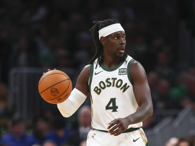 BOSTON, MA - FEBRUARY 27:  Jrue Holiday #4 of the Boston Celtics shoots during a game against the Philadelphia 76ers at TD Garden on February 27, 2024 in Boston, Massachusetts. NOTE TO USER: User expressly acknowledges and agrees that, by downloading and or using this photograph, User is consenting to the terms and conditions of the Getty Images License Agreement. (Photo by Adam Glanzman/Getty Images)