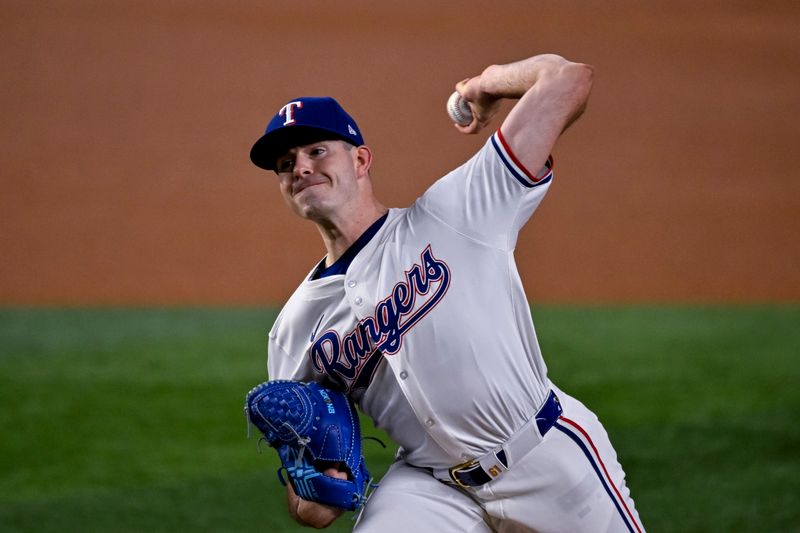 Aug 15, 2024; Arlington, Texas, USA; Texas Rangers starting pitcher Cody Bradford (61) pitches against the Minnesota Twins during the first inning at Globe Life Field. Mandatory Credit: Jerome Miron-USA TODAY Sports