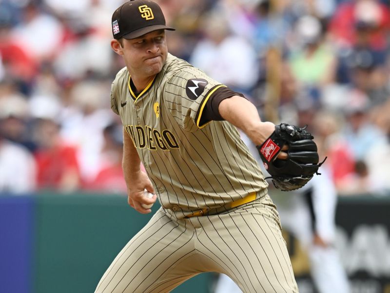 Jul 21, 2024; Cleveland, Ohio, USA; San Diego Padres starting pitcher Michael King (34) throws a pitch during the seventh inning against the Cleveland Guardians at Progressive Field. Mandatory Credit: Ken Blaze-USA TODAY Sports