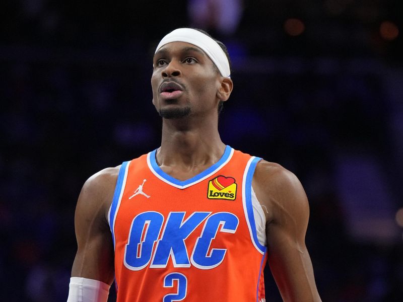 PHILADELPHIA, PA - JANUARY 14: Shai Gilgeous-Alexander #2 of the Oklahoma City Thunder prepares to shoot a free throw during the game against the Philadelphia 76ers on January 14, 2025 at the Wells Fargo Center in Philadelphia, Pennsylvania NOTE TO USER: User expressly acknowledges and agrees that, by downloading and/or using this Photograph, user is consenting to the terms and conditions of the Getty Images License Agreement. Mandatory Copyright Notice: Copyright 2025 NBAE (Photo by Jesse D. Garrabrant/NBAE via Getty Images)