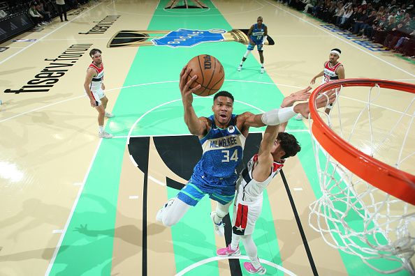 MILWAUKEE, WI - NOVEMBER 24: Giannis Antetokounmpo #34 of the Milwaukee Bucks drives to the basket during the game against the Washington Wizards during the In-Season Tournament on November 24, 2023 at the Fiserv Forum Center in Milwaukee, Wisconsin. NOTE TO USER: User expressly acknowledges and agrees that, by downloading and or using this Photograph, user is consenting to the terms and conditions of the Getty Images License Agreement. Mandatory Copyright Notice: Copyright 2023 NBAE (Photo by Gary Dineen/NBAE via Getty Images).