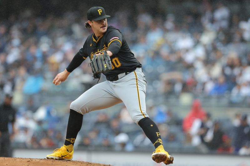 Sep 28, 2024; Bronx, New York, USA; Pittsburgh Pirates starting pitcher Paul Skenes (30) pitches against the New York Yankees during the second inning at Yankee Stadium. Mandatory Credit: Brad Penner-Imagn Images