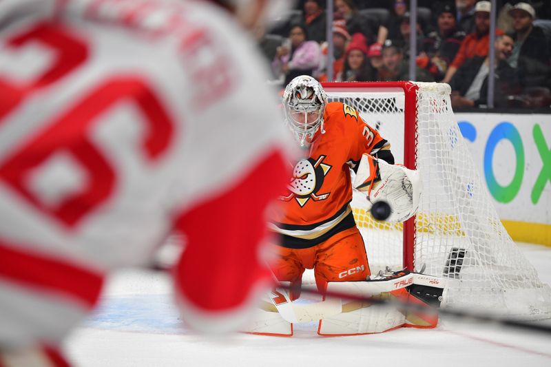 Nov 15, 2024; Anaheim, California, USA; Anaheim Ducks goaltender John Gibson (36) blocks a shot against Detroit Red Wings right wing Christian Fischer (36) during the first period at Honda Center. Mandatory Credit: Gary A. Vasquez-Imagn Images