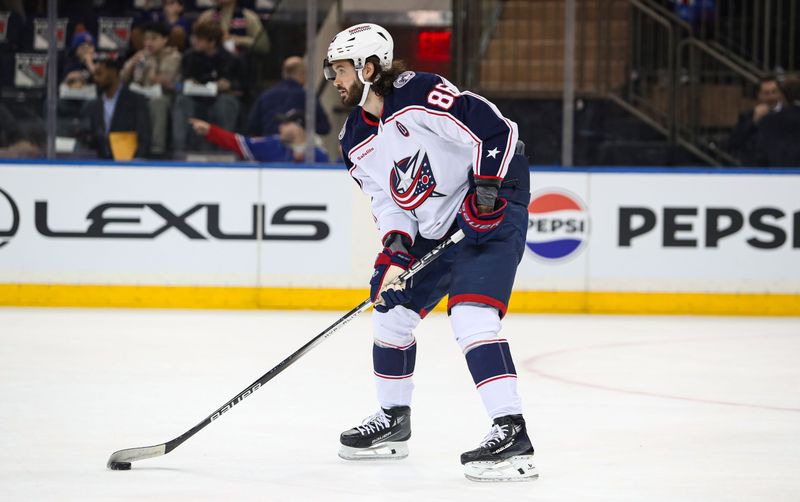 Jan 18, 2025; New York, New York, USA; Columbus Blue Jackets right wing Kirill Marchenko (86) warms up before the first period against the New York Rangers at Madison Square Garden. Mandatory Credit: Danny Wild-Imagn Images