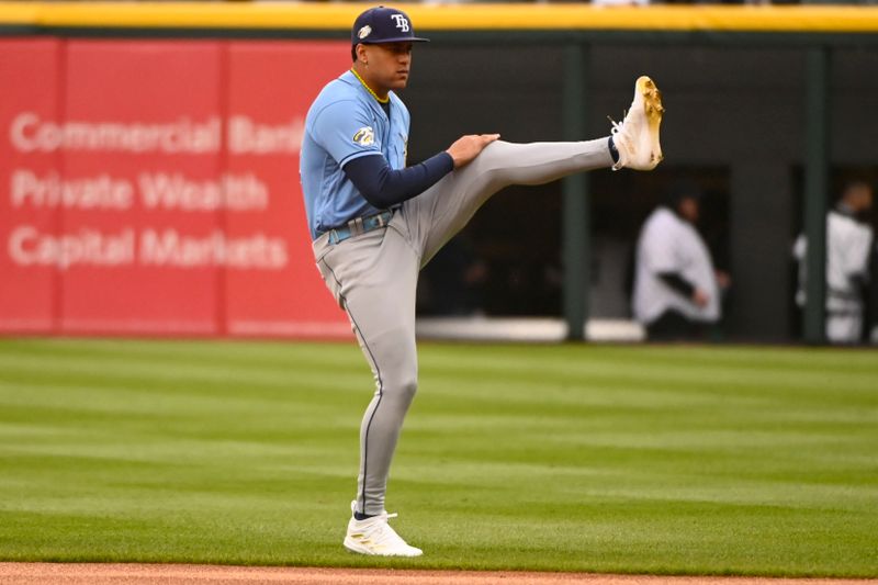 Apr 29, 2023; Chicago, Illinois, USA; Tampa Bay Rays center fielder Jose Siri (22) warms up before their game against the Chicago White Sox  at Guaranteed Rate Field. Mandatory Credit: Matt Marton-USA TODAY Sports