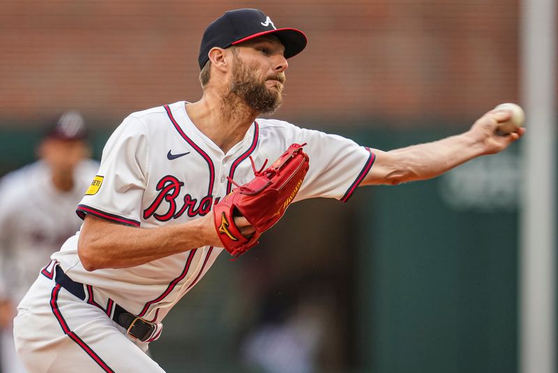 May 14, 2024; Cumberland, Georgia, USA; Atlanta Braves starting pitcher Chris Sale (51) pitches against the Chicago Cubs during the first inning at Truist Park. Mandatory Credit: Dale Zanine-USA TODAY Sports